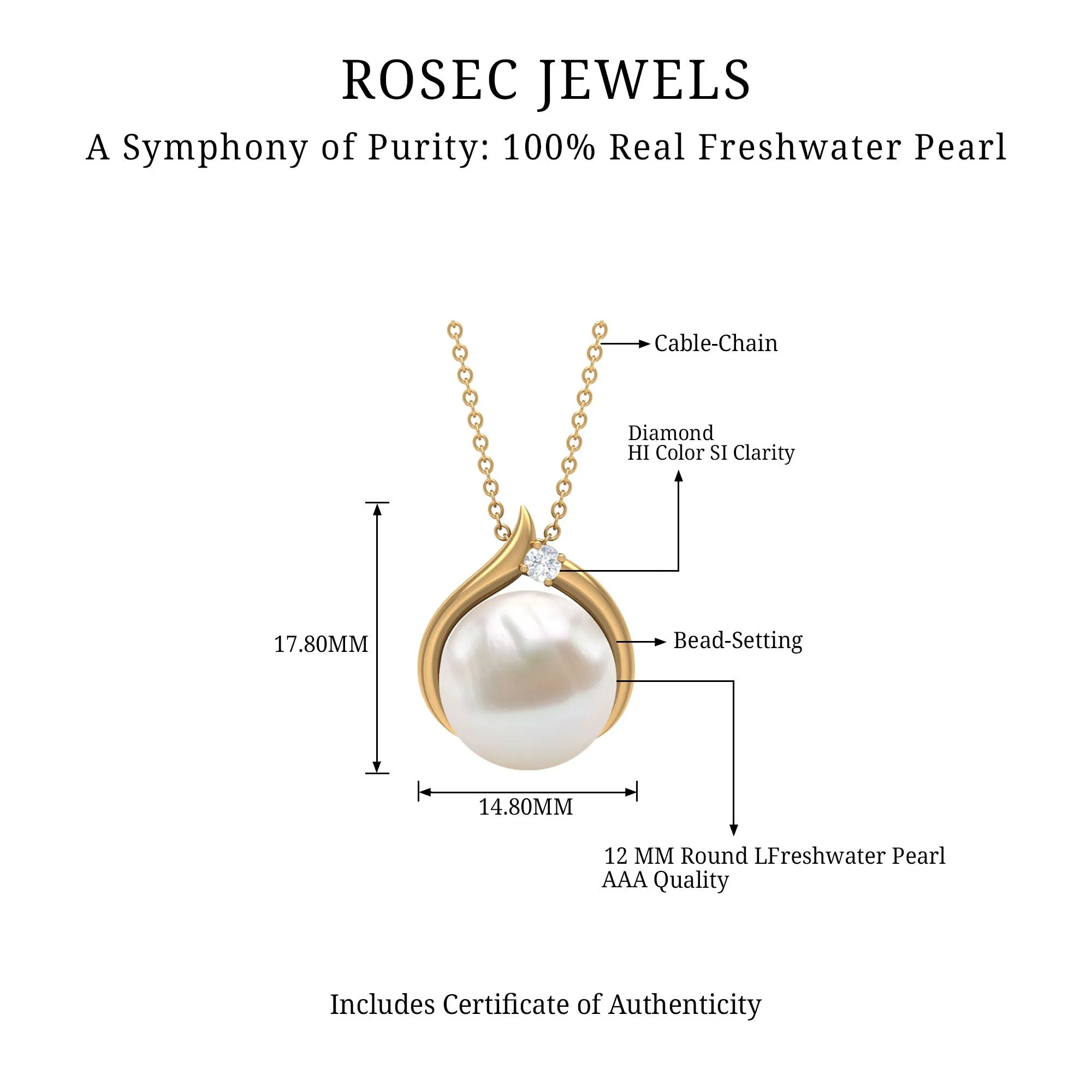 11 CT Bead Set Freshwater Pearl Solitaire Pendant with Diamond