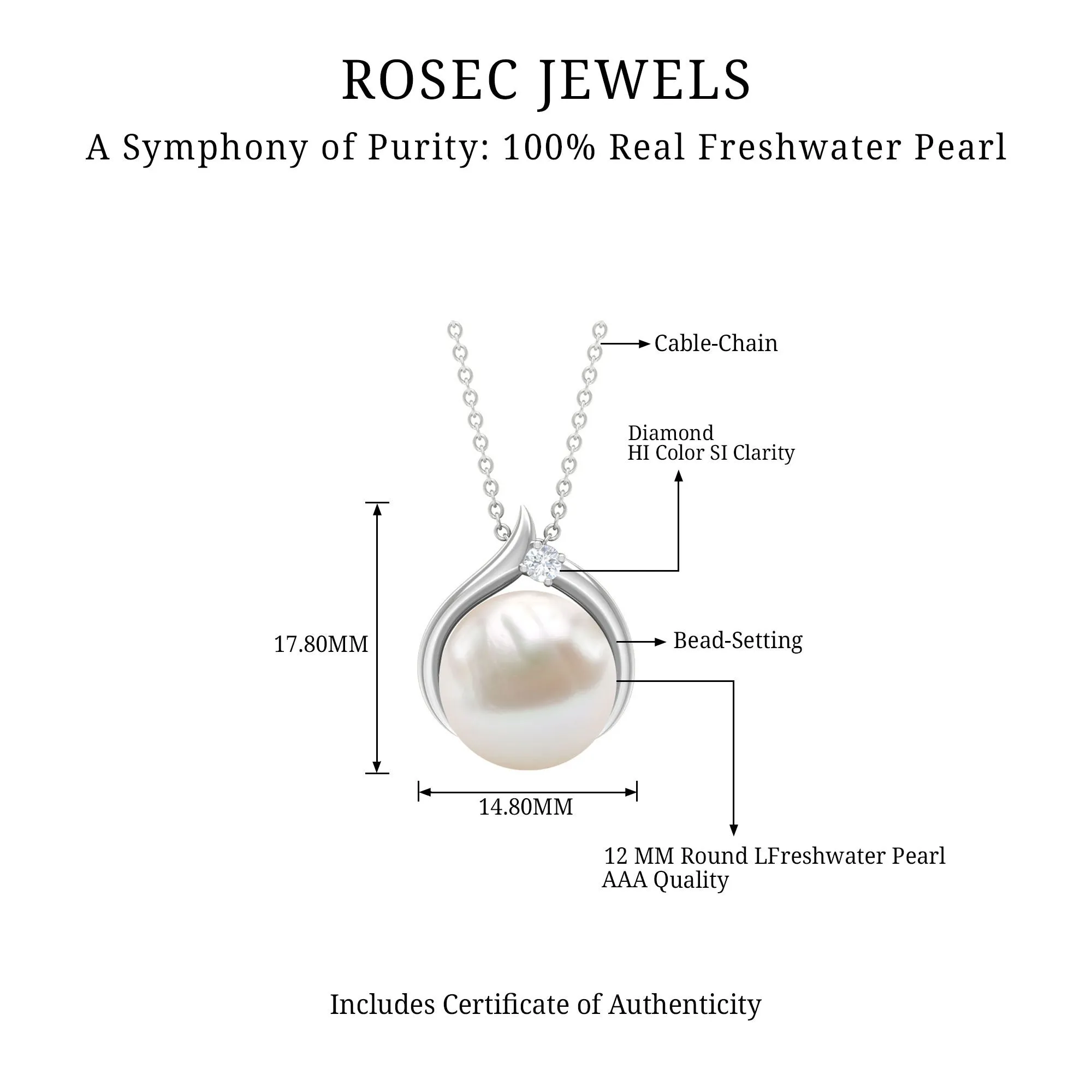11 CT Bead Set Freshwater Pearl Solitaire Pendant with Diamond