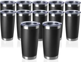 12 pack 20 OZ Double Wall Stainless Steel Vacuum Insulated Tumbler Coffee Travel Mug With Lid, Durable Powder Coated Insulated Coffee Cup for Cold & Hot Drinks (Black, 12 pack)