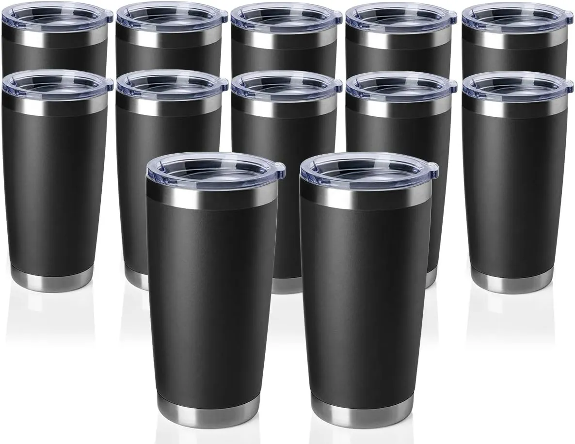 12 pack 20 OZ Double Wall Stainless Steel Vacuum Insulated Tumbler Coffee Travel Mug With Lid, Durable Powder Coated Insulated Coffee Cup for Cold & Hot Drinks (Black, 12 pack)