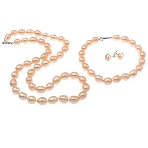 7-8mm Rice Shape Pearl Necklace, Bracelet and Earring Set for Women
