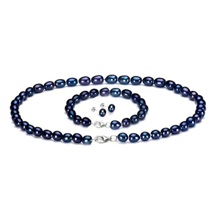 7-8mm Rice Shape Pearl Necklace, Bracelet and Earring Set for Women