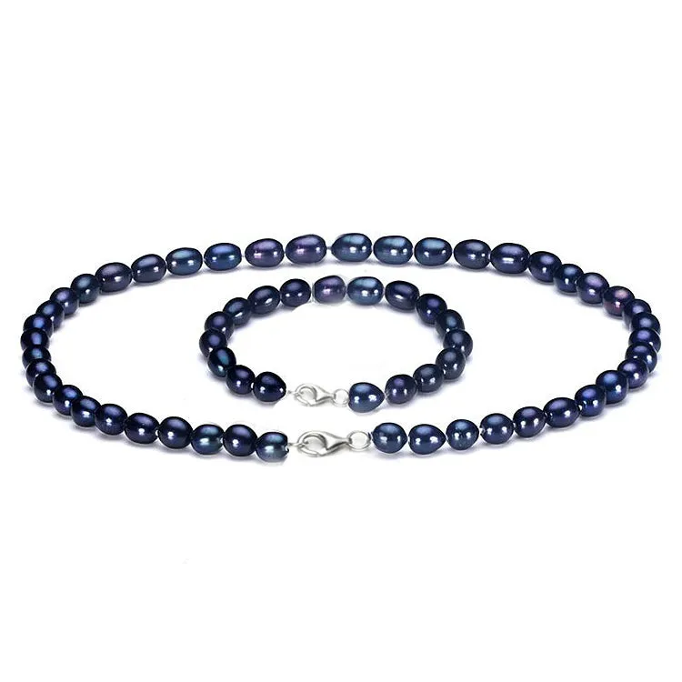 7-8mm Rice Shape Pearl Necklace, Bracelet and Earring Set for Women