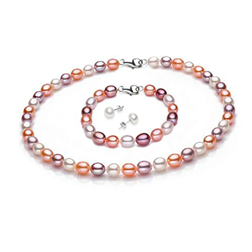 7-8mm Rice Shape Pearl Necklace, Bracelet and Earring Set for Women