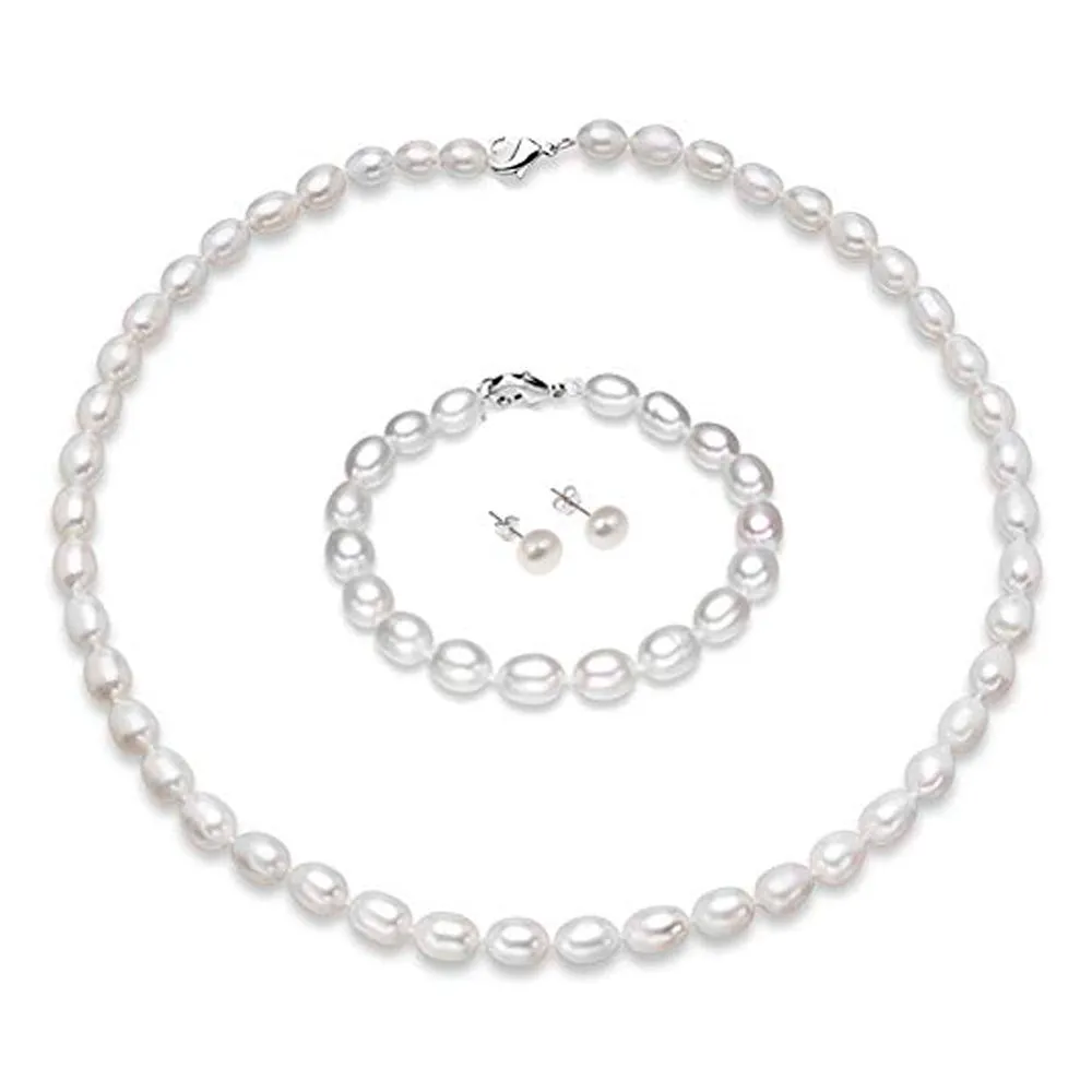 7-8mm Rice Shape Pearl Necklace, Bracelet and Earring Set for Women