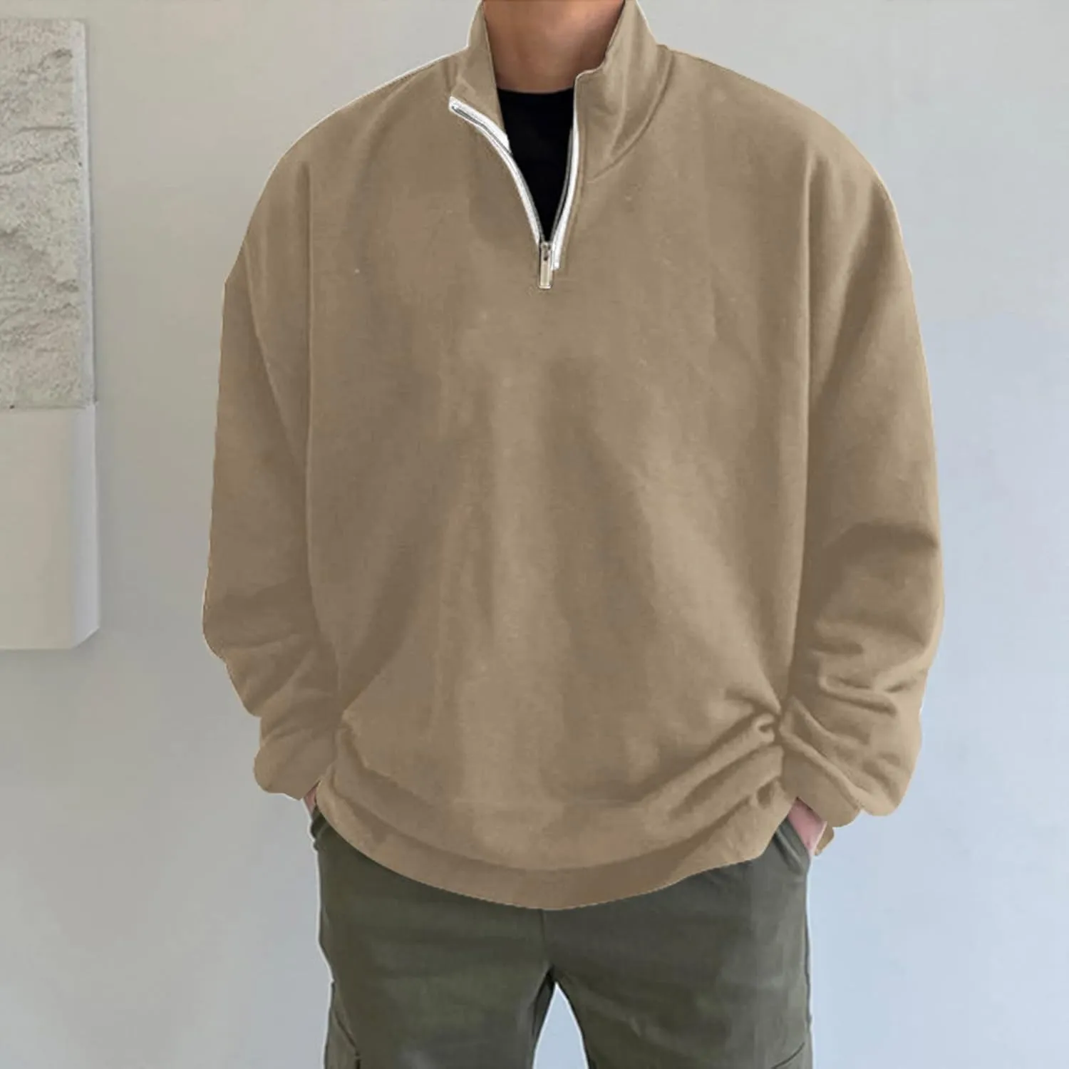 Adult 1/4 Zip Sweatshirt Loose Fit Track Quarter-Zip Pullover Sweatshirt Fall Winter Lightweight Long Sleeve T-Shirt for Men