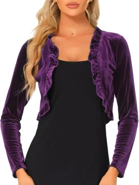 Allegra K Women's Cocktail Party Open Front Cardigan Long Sleeve Cropped Velvet Shrug Top