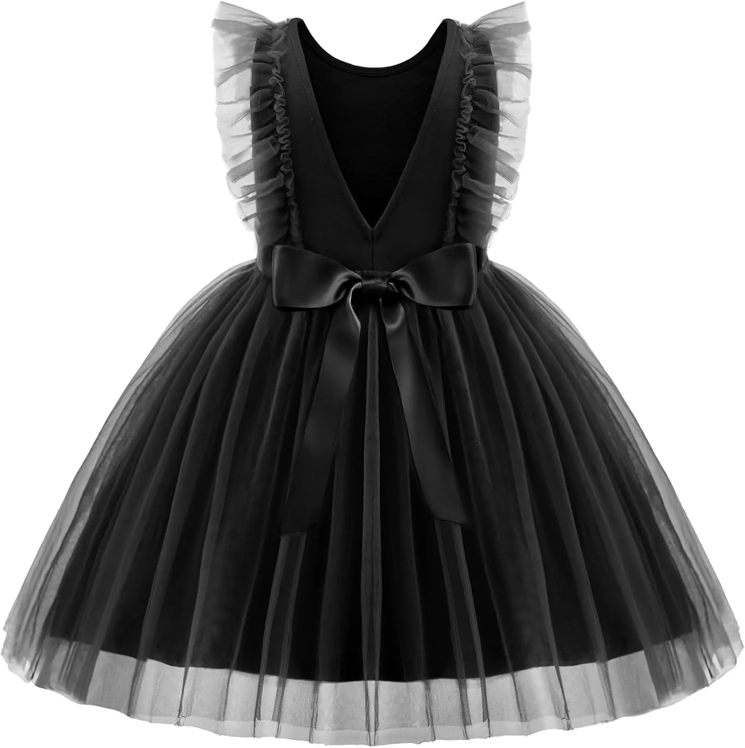 Arshiner Toddler Dress Summer Ruffle Sleeve V-Back Tie Waist Flower Girl Dresses Wedding Tulle Outfit 2-8Y