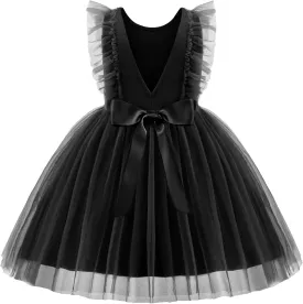 Arshiner Toddler Dress Summer Ruffle Sleeve V-Back Tie Waist Flower Girl Dresses Wedding Tulle Outfit 2-8Y