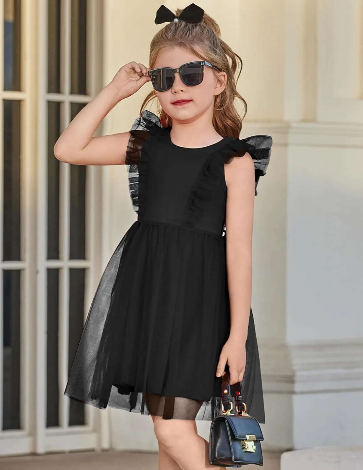 Arshiner Toddler Dress Summer Ruffle Sleeve V-Back Tie Waist Flower Girl Dresses Wedding Tulle Outfit 2-8Y