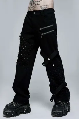 Black Punk Pant w/ Decorative Mesh Holes, Straps and Zipper Details