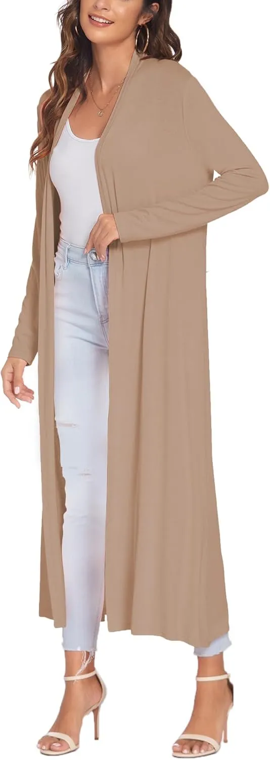 Bluetime Women Floor Length Open Front Cardigan Lightweight Long Sleeve Maxi Duster with Pockets (S-3XL)