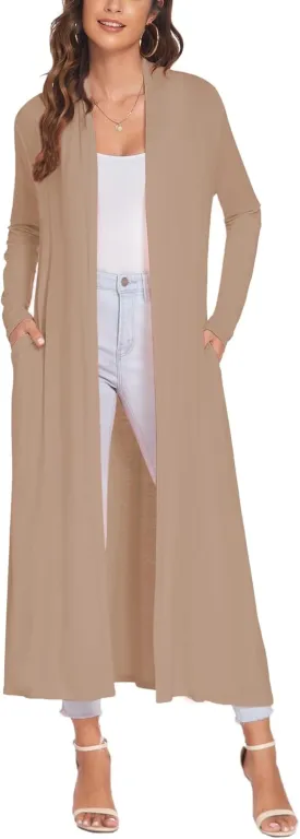 Bluetime Women Floor Length Open Front Cardigan Lightweight Long Sleeve Maxi Duster with Pockets (S-3XL)