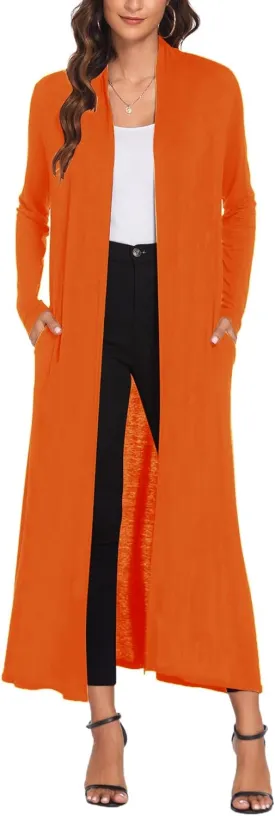 Bluetime Women Floor Length Open Front Cardigan Lightweight Long Sleeve Maxi Duster with Pockets (S-3XL)