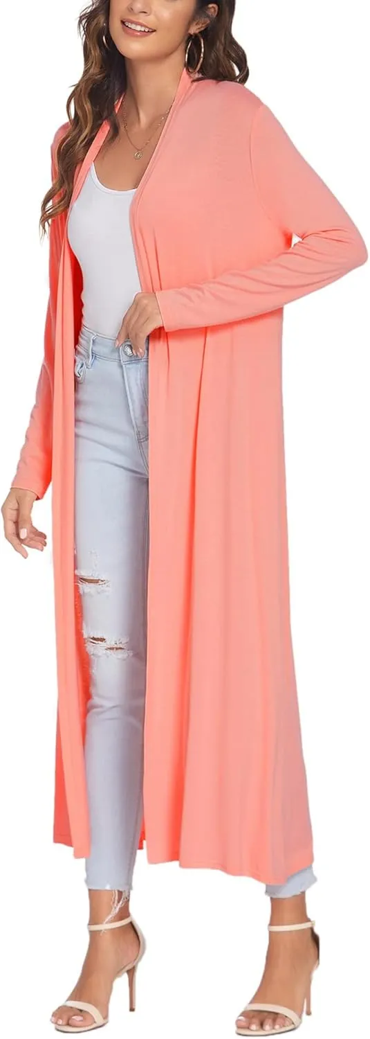 Bluetime Women Floor Length Open Front Cardigan Lightweight Long Sleeve Maxi Duster with Pockets (S-3XL)