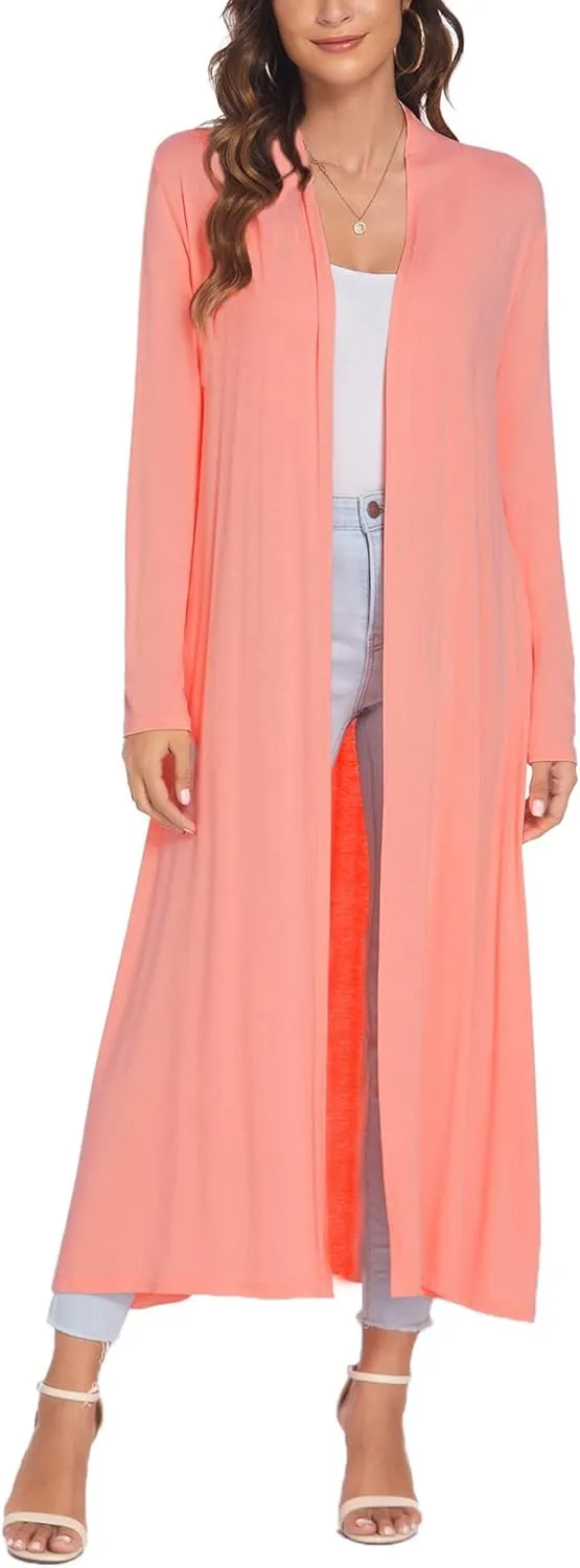 Bluetime Women Floor Length Open Front Cardigan Lightweight Long Sleeve Maxi Duster with Pockets (S-3XL)