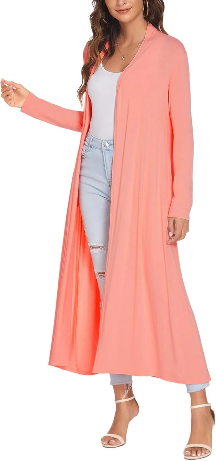 Bluetime Women Floor Length Open Front Cardigan Lightweight Long Sleeve Maxi Duster with Pockets (S-3XL)