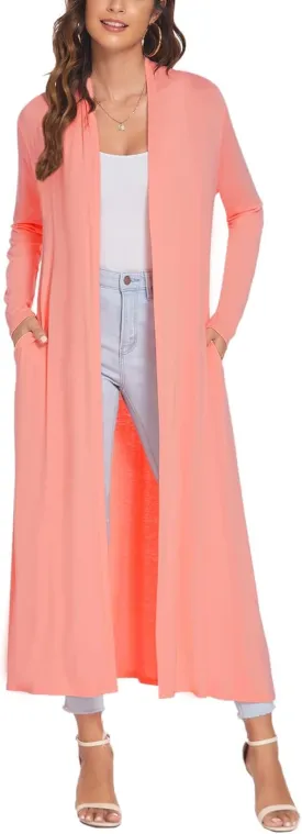 Bluetime Women Floor Length Open Front Cardigan Lightweight Long Sleeve Maxi Duster with Pockets (S-3XL)
