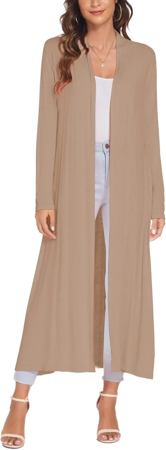 Bluetime Women Floor Length Open Front Cardigan Lightweight Long Sleeve Maxi Duster with Pockets (S-3XL)