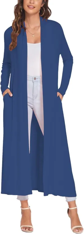 Bluetime Women Floor Length Open Front Cardigan Lightweight Long Sleeve Maxi Duster with Pockets (S-3XL)