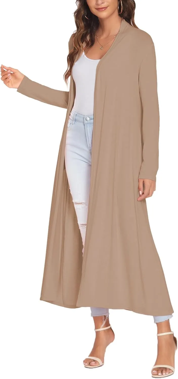 Bluetime Women Floor Length Open Front Cardigan Lightweight Long Sleeve Maxi Duster with Pockets (S-3XL)