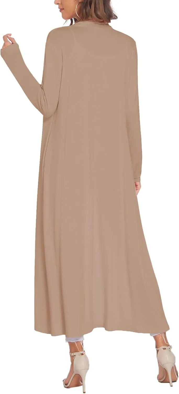 Bluetime Women Floor Length Open Front Cardigan Lightweight Long Sleeve Maxi Duster with Pockets (S-3XL)