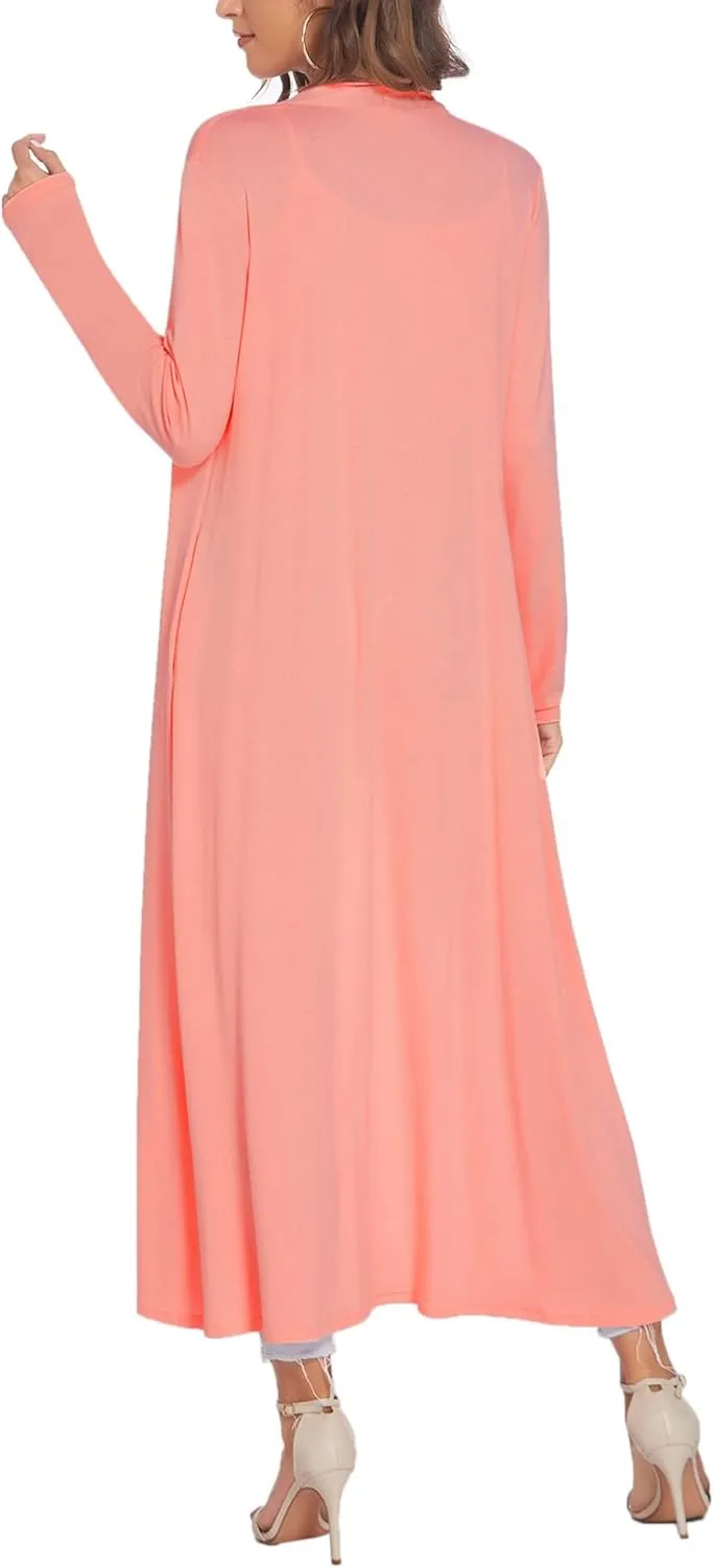 Bluetime Women Floor Length Open Front Cardigan Lightweight Long Sleeve Maxi Duster with Pockets (S-3XL)