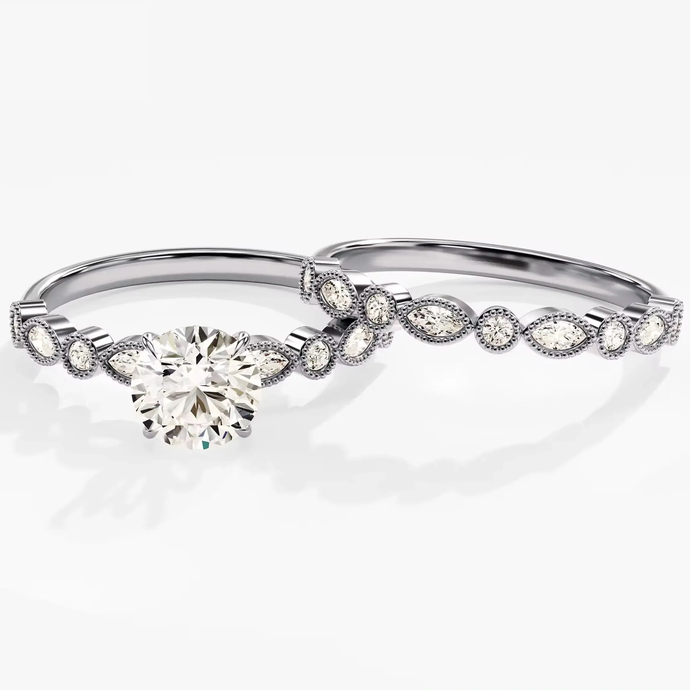 Bridal Set Vintage Wedding Band Set with Unique Moissanite Engagement Ring for Women