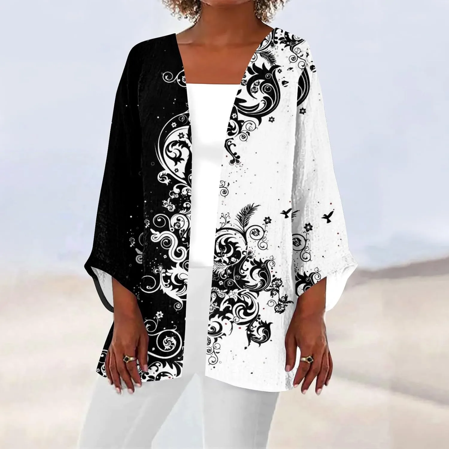 Cardigan Sweater for Womens Retro Print 3/4 Sleeve Blouse Tops Coat Casual Duster Cardigans Lightweight Jackets