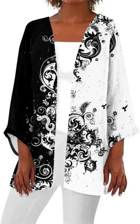 Cardigan Sweater for Womens Retro Print 3/4 Sleeve Blouse Tops Coat Casual Duster Cardigans Lightweight Jackets