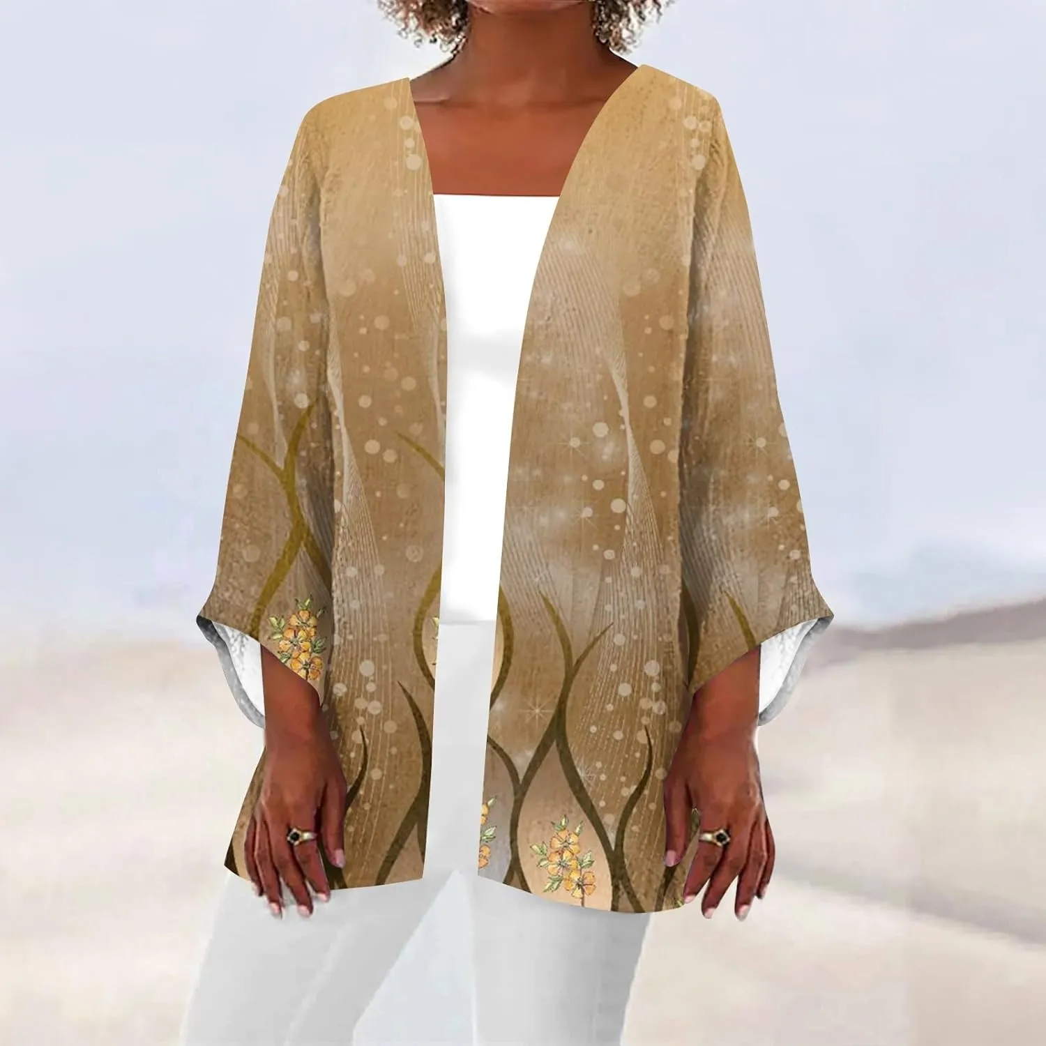 Cardigan Sweater for Womens Retro Print 3/4 Sleeve Blouse Tops Coat Casual Duster Cardigans Lightweight Jackets