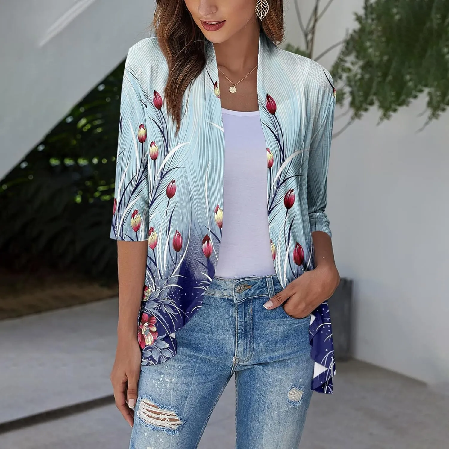 Cardigans for Women 2025 Retro Print Lightweight Cardigans Casual Duster Jackets 3/4 Sleeve Blouse Tops Coat
