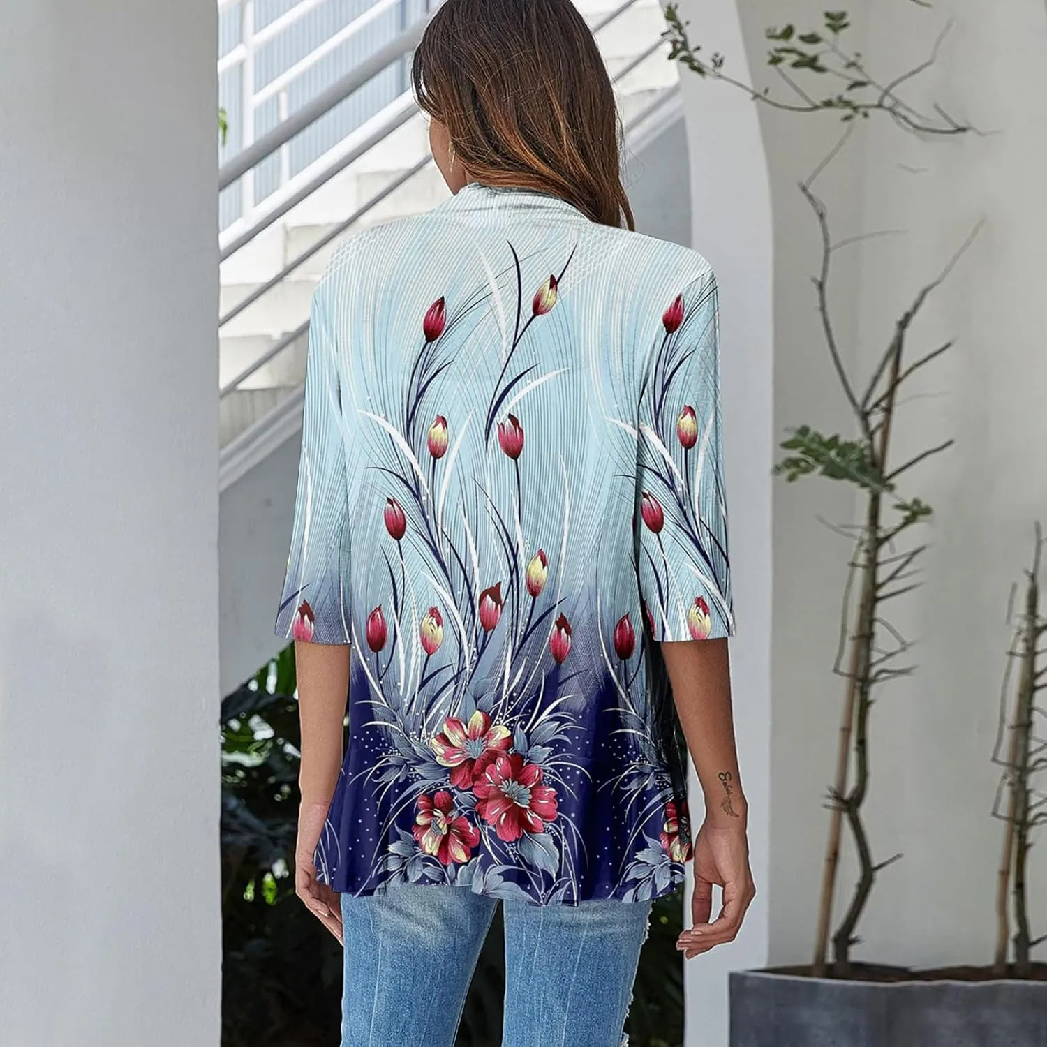 Cardigans for Women 2025 Retro Print Lightweight Cardigans Casual Duster Jackets 3/4 Sleeve Blouse Tops Coat