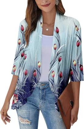 Cardigans for Women 2025 Retro Print Lightweight Cardigans Casual Duster Jackets 3/4 Sleeve Blouse Tops Coat