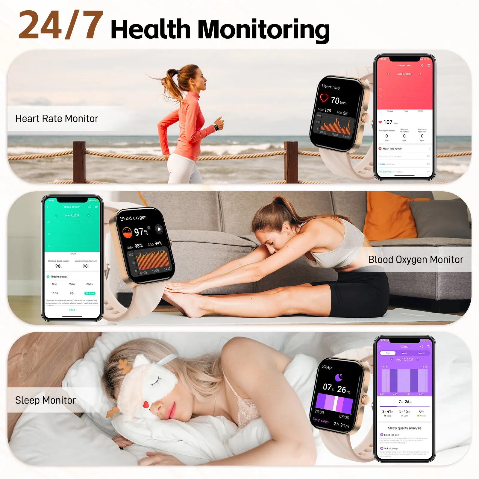 EIGIIS Smart Watches for Men Women 1.91”Fitness Tracker with Heart Rate Sleep Monitor Full Touch Screen Smartwatch Compatible with iPhone Android Phones
