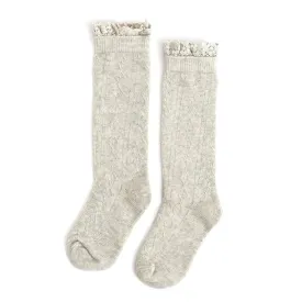 Fancy Lace Top Knee High Socks - Heathered Ivory
