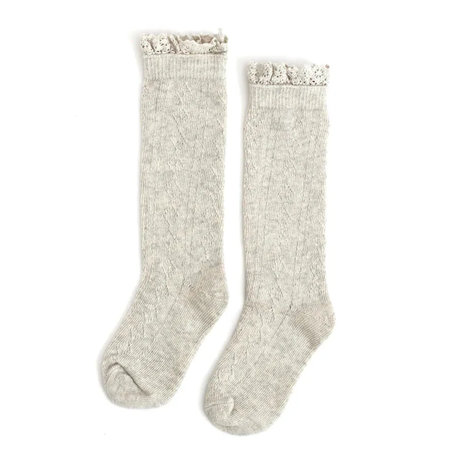 Fancy Lace Top Knee High Socks - Heathered Ivory