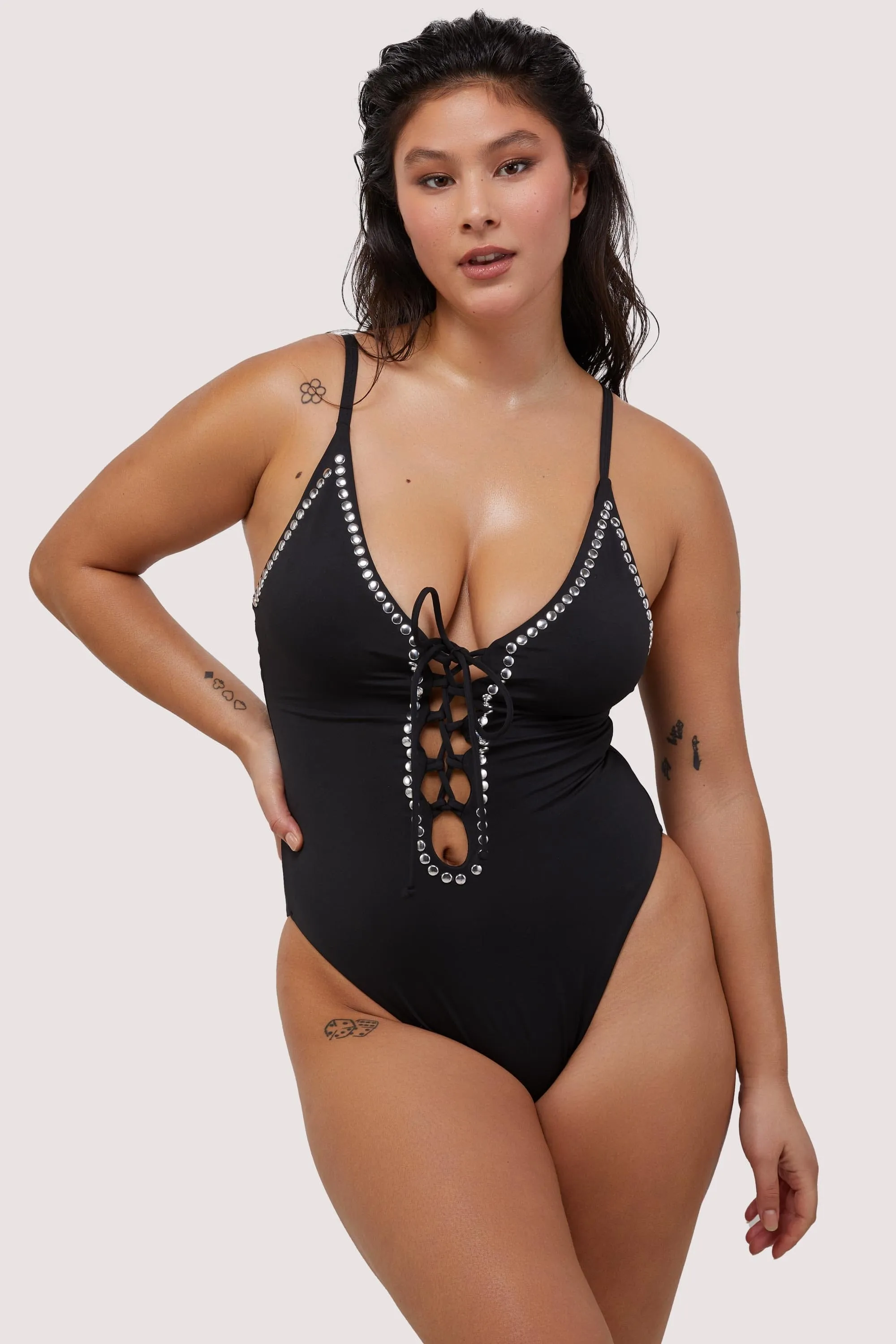 Gabrielle Fuller Bust Black Eco Studded Lace-Up Swimsuit