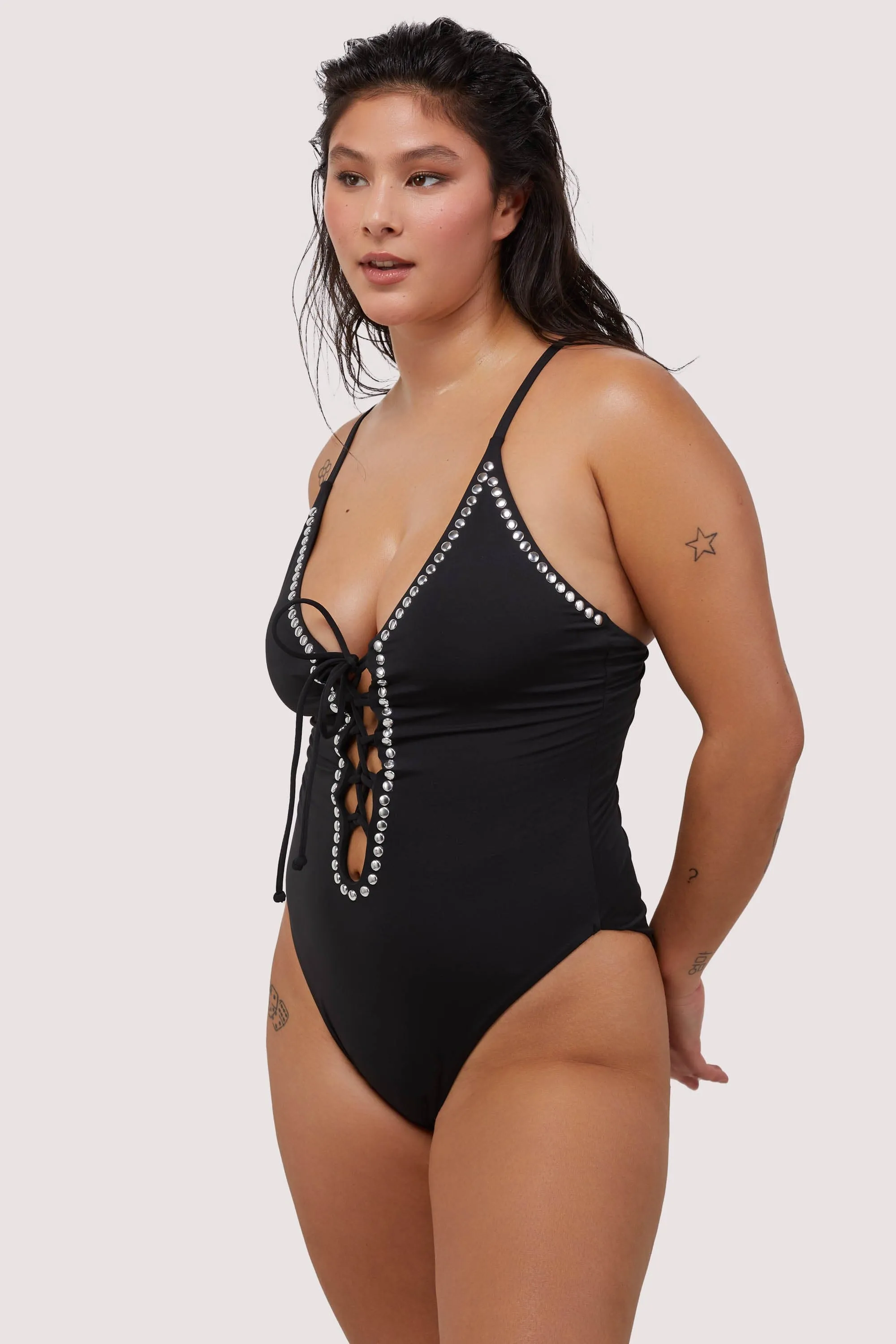 Gabrielle Fuller Bust Black Eco Studded Lace-Up Swimsuit