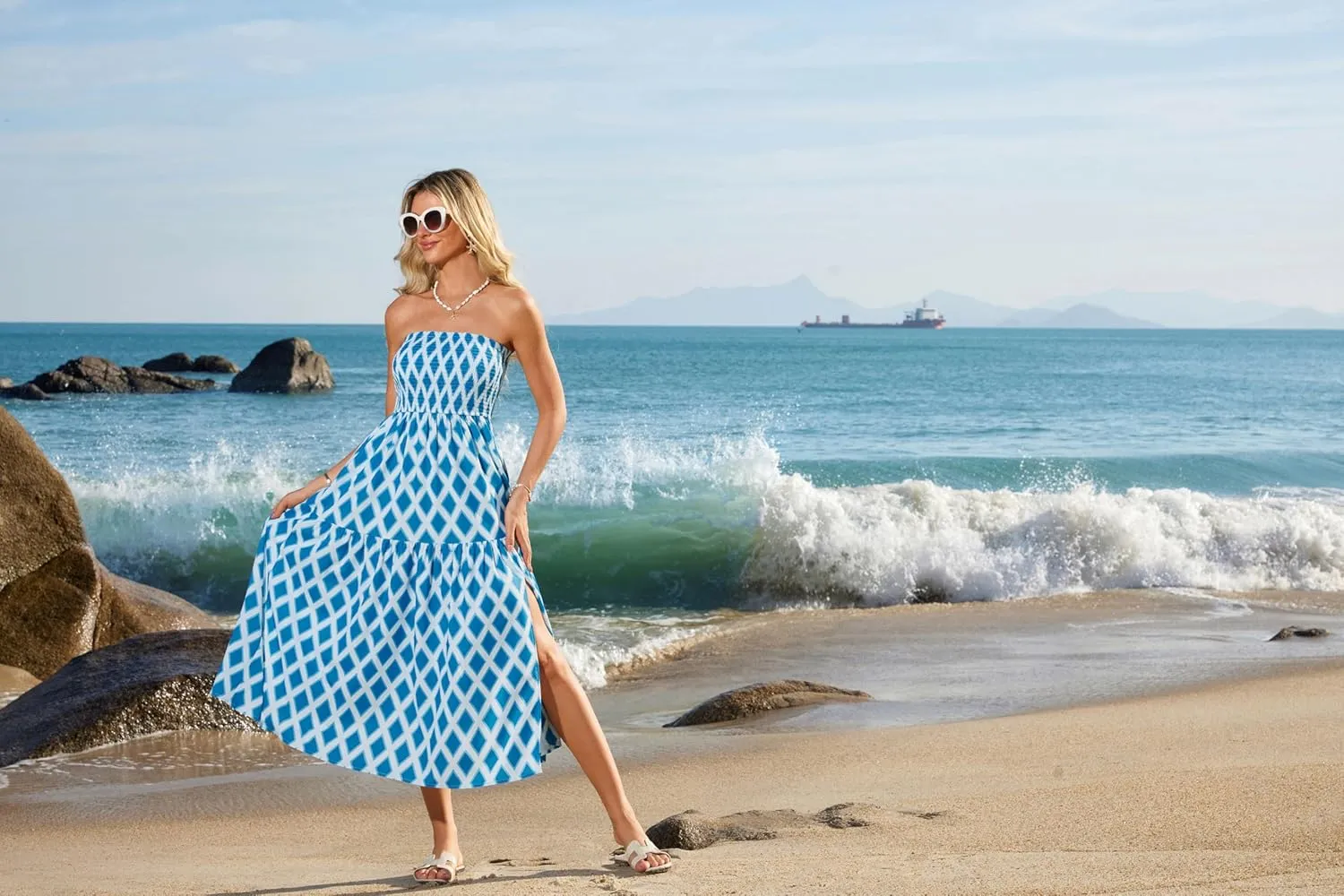 GRACE KARIN Women's Summer Strapless Dress Smocked Casual Beach Party Long Maxi Dresses with Pockets