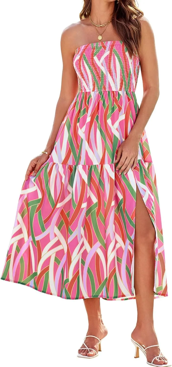 GRACE KARIN Women's Summer Strapless Dress Smocked Casual Beach Party Long Maxi Dresses with Pockets