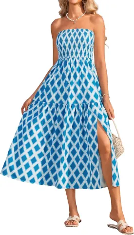 GRACE KARIN Women's Summer Strapless Dress Smocked Casual Beach Party Long Maxi Dresses with Pockets