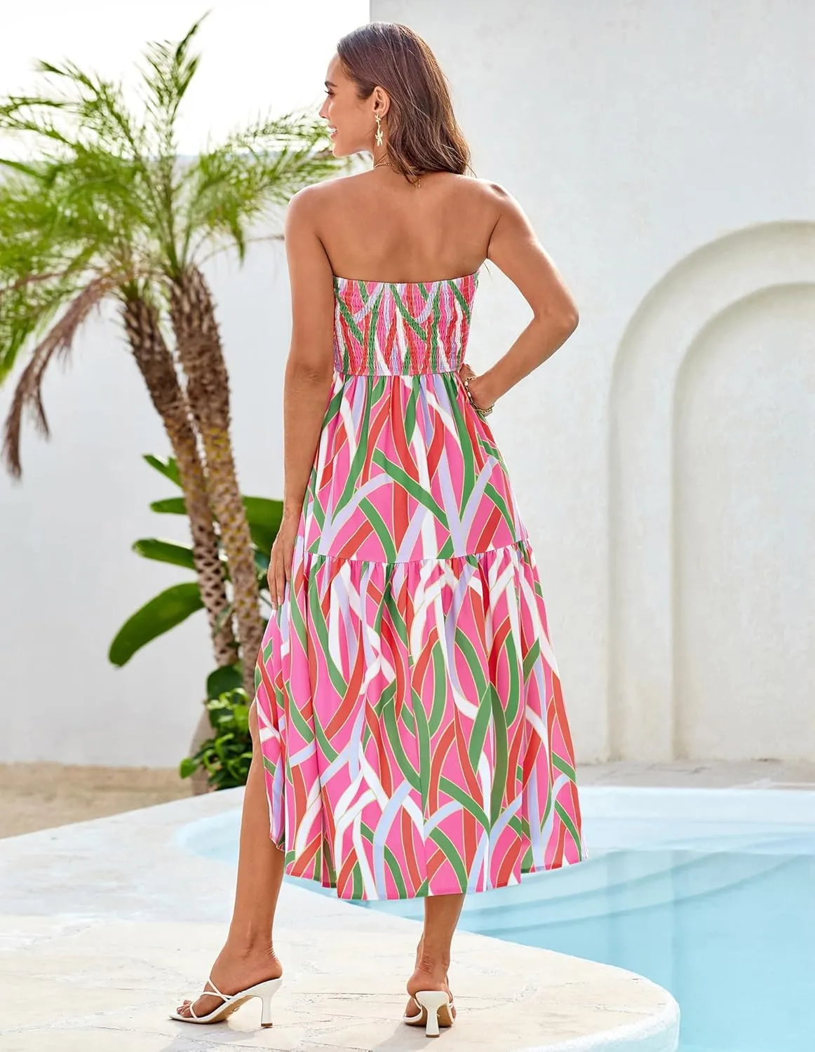 GRACE KARIN Women's Summer Strapless Dress Smocked Casual Beach Party Long Maxi Dresses with Pockets