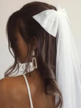 JONKY Bow Wedding Veil Bridal Pearl Bachelorette Party Hair Clip for Women (Style1)