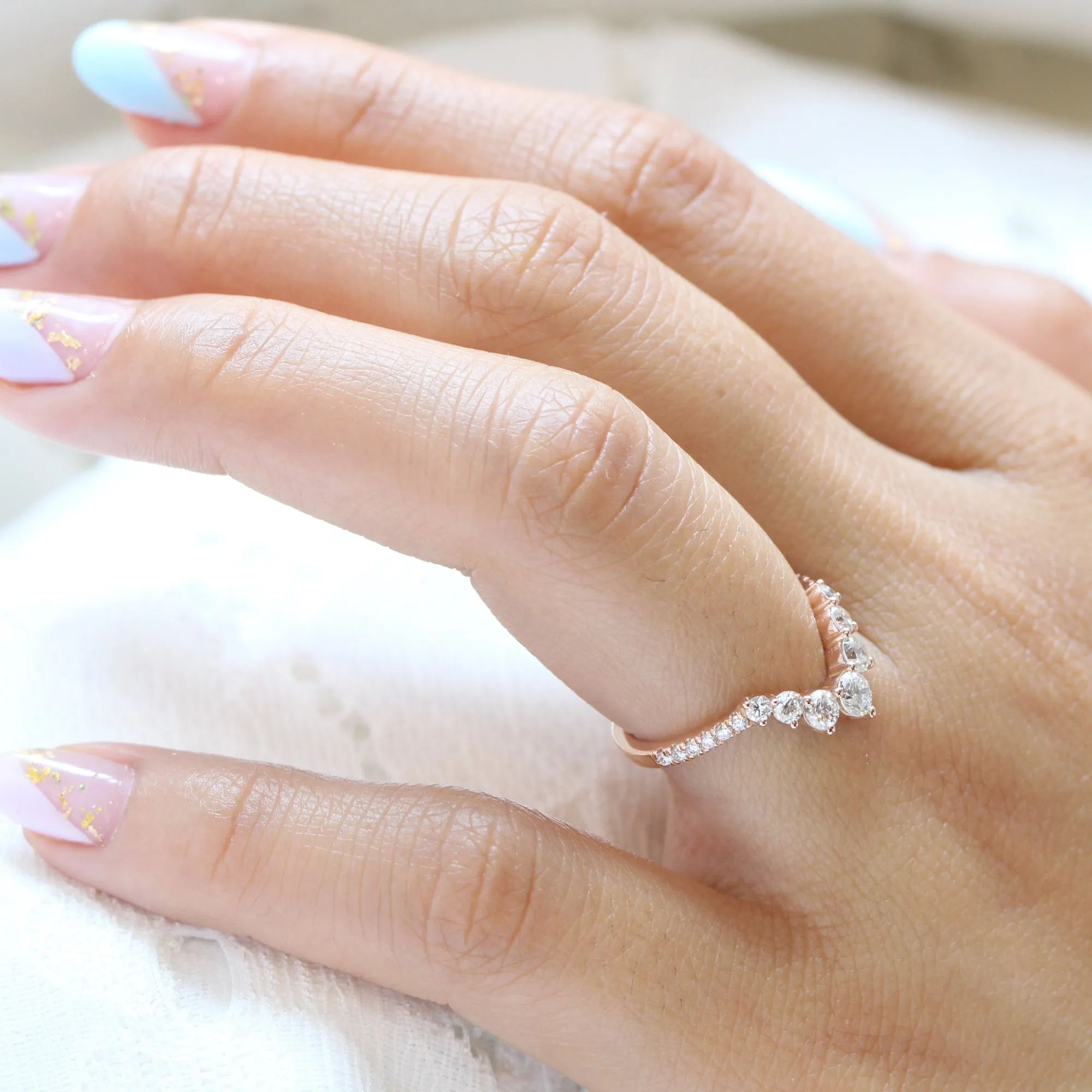 Large 7 Diamond Wedding Ring in Deep U Shaped Pave Band