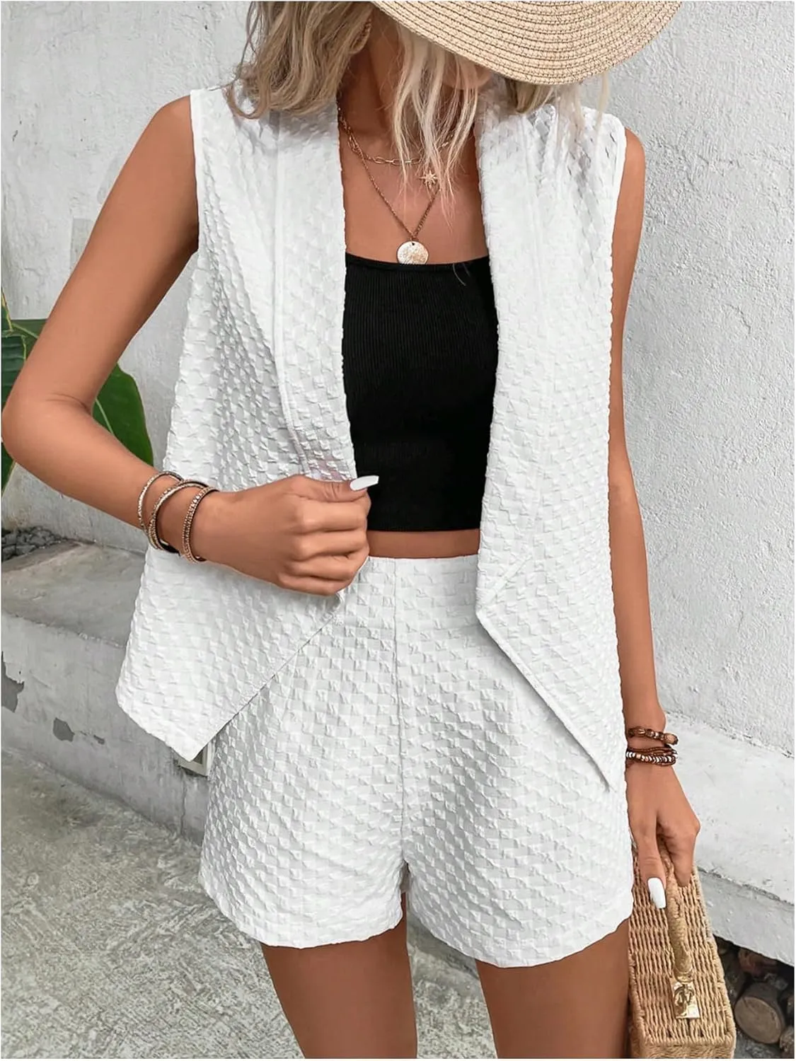 MakeMeChic Women's Two Piece Outfit Textured Sleeveless Crop Blazer Vest and High Waisted Shorts Suit Set
