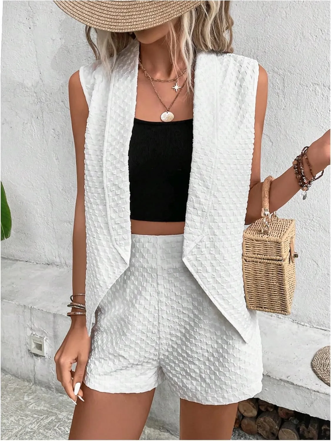 MakeMeChic Women's Two Piece Outfit Textured Sleeveless Crop Blazer Vest and High Waisted Shorts Suit Set
