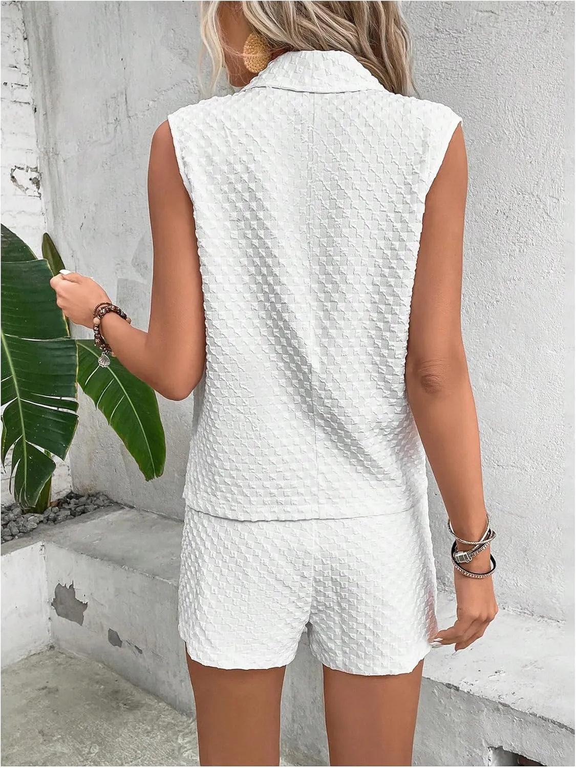 MakeMeChic Women's Two Piece Outfit Textured Sleeveless Crop Blazer Vest and High Waisted Shorts Suit Set