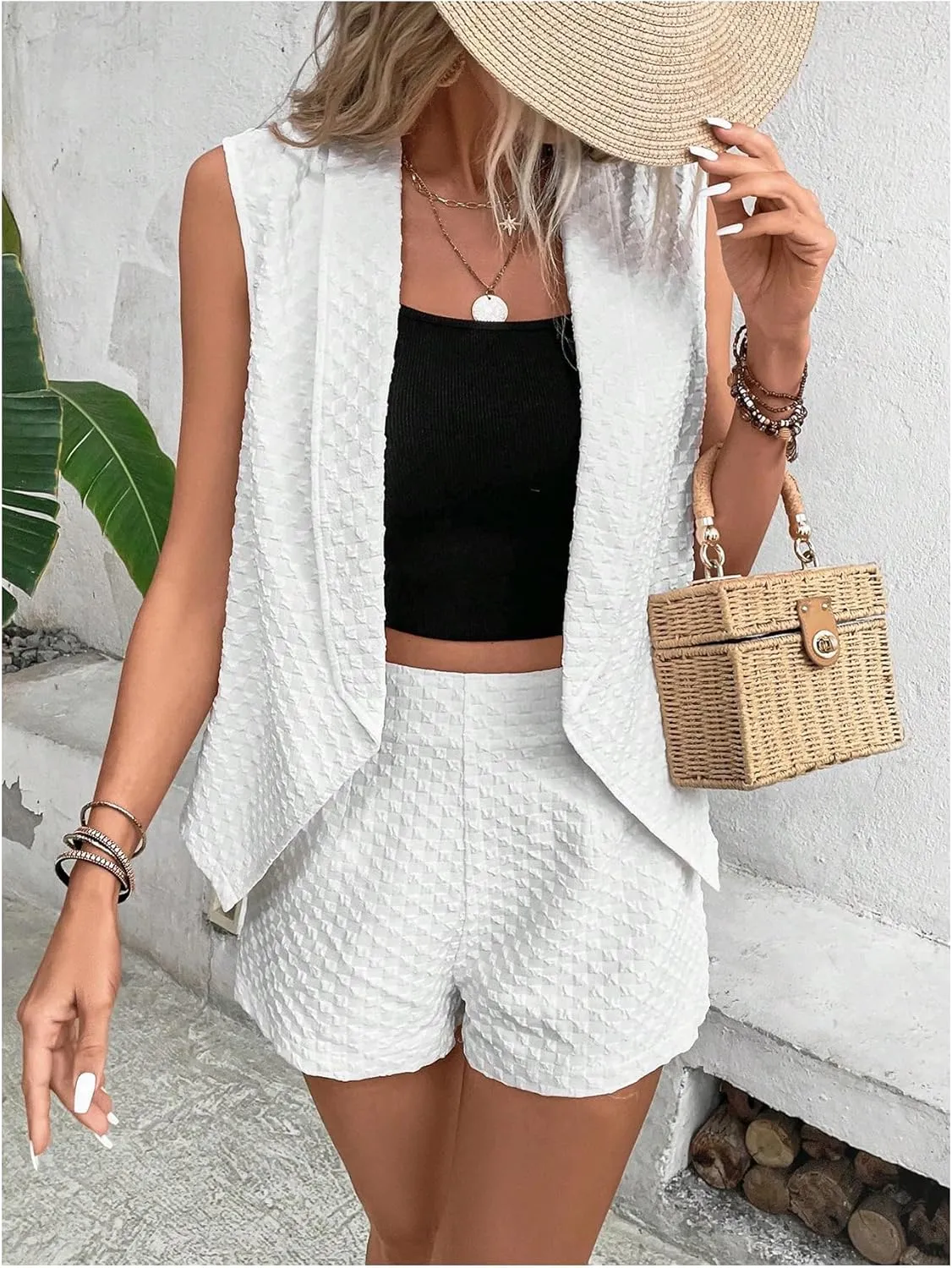 MakeMeChic Women's Two Piece Outfit Textured Sleeveless Crop Blazer Vest and High Waisted Shorts Suit Set