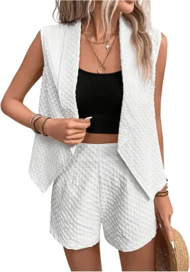 MakeMeChic Women's Two Piece Outfit Textured Sleeveless Crop Blazer Vest and High Waisted Shorts Suit Set